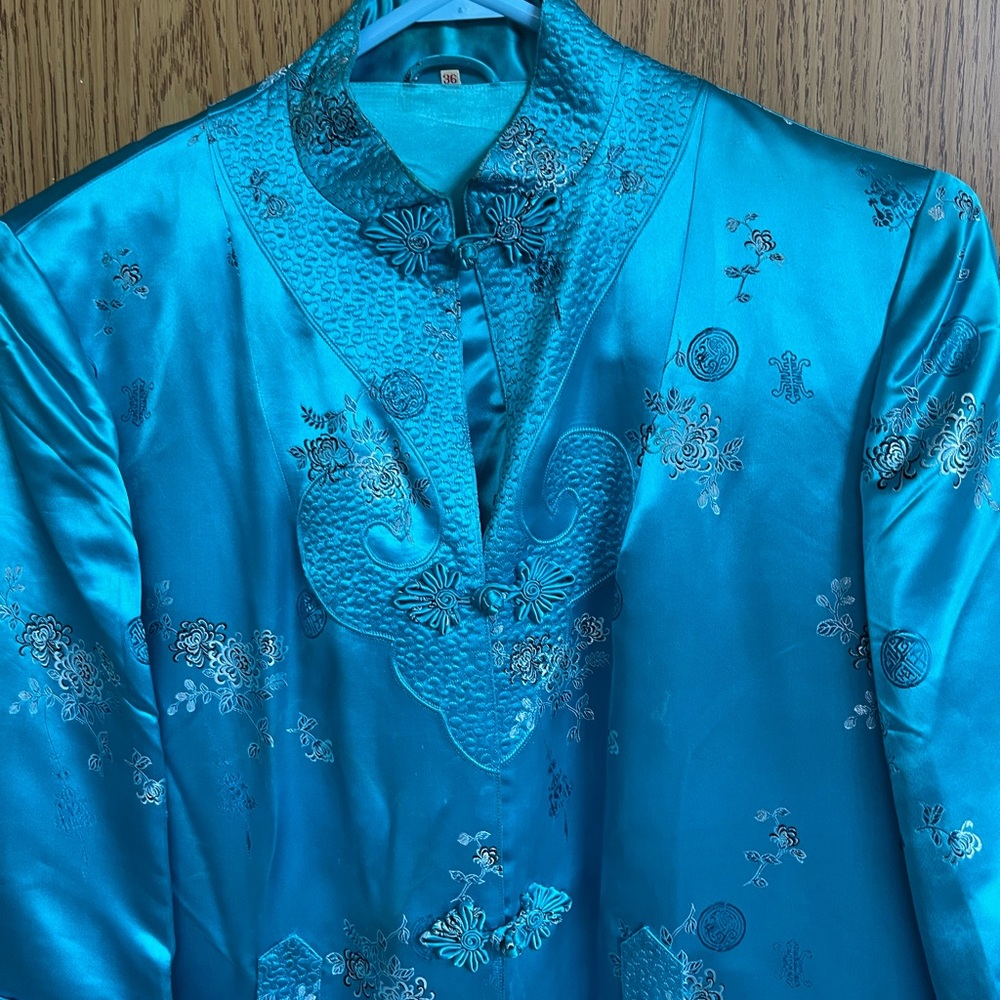 Silk Brocade Robe Dressing Gown Teal Flowers made in Japan Vintage Pockets